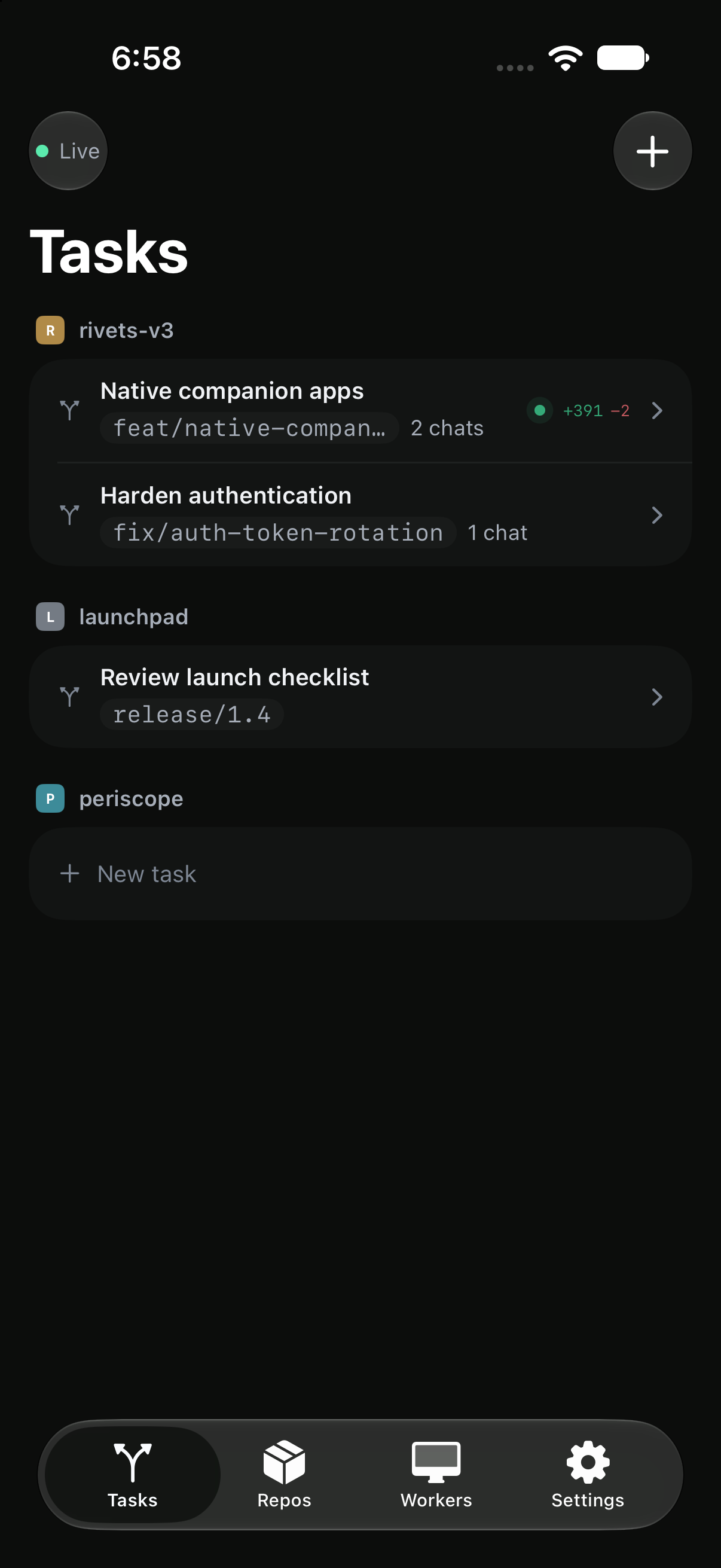 The Rivets iPhone app's Tasks tab, listing tasks grouped by repository with branch names, chat counts and line changes.