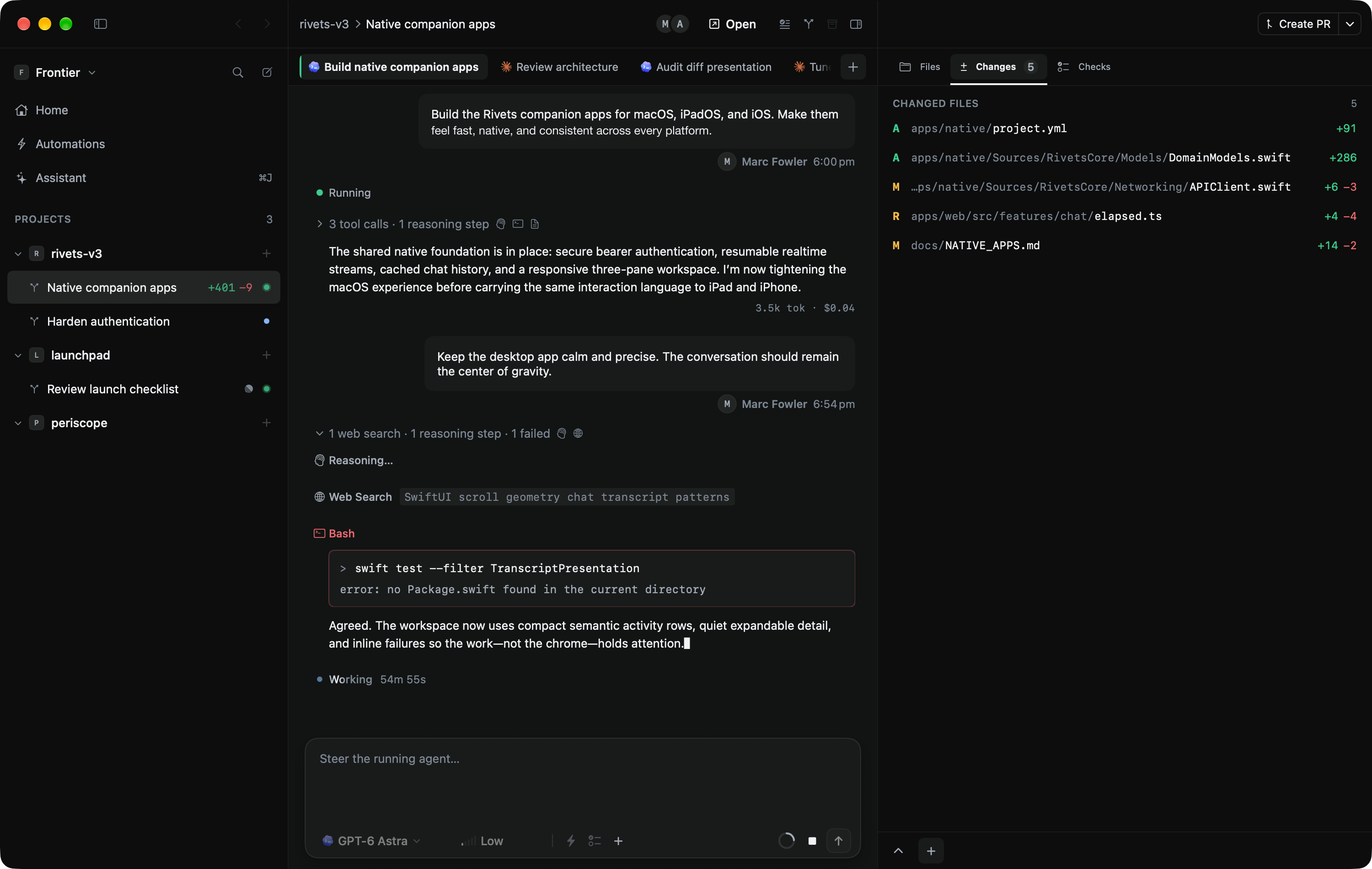 The Rivets Mac app: a task transcript where a teammate's message is attributed by name, the agent is running with a tool-call summary, two teammates are present, and the Changes panel lists five edited files with line counts.